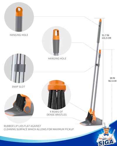MR.SIGA Broom and Dustpan Set with Long Handle, Stand Upright Broom with Dustpan Combo for Cleaning Office, Garage, Lobby, Lightweight Sweeping Set, 51.7"(131 cm) Long Handle, Gray & Orange - color: Gray & Orange