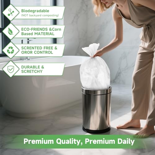 1.6 Gallon Trash Bags for Bathroom - Heihaily Unscented Small Biodegradable Garbage Bags Bulk White Disposable Compostable Waste Basket Liners for Kitchen Office and Car (5 Rolls, 100 Count) - style: Bio-1.6gal-White100