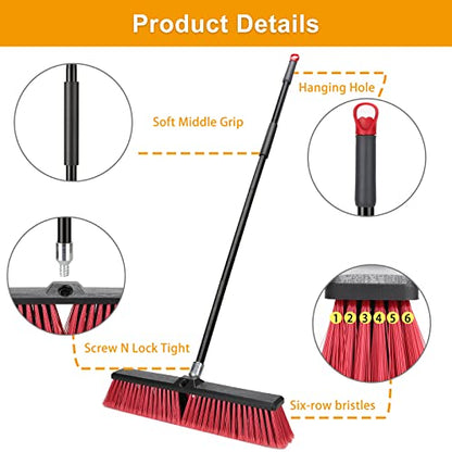 18 inches Push Broom Outdoor Garden Broom with 63" Long Handle for Deck Driveway Garage Yard Patio Concrete Floor Cleaning(Red) - color: Red