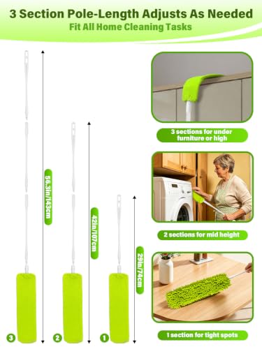 Bend-Free Gap Dust Cleaner Cleaning Tools Washable Flat Duster Brush with 4 Microfiber Chenille Dusting Cloths Long Handle 56 inches for Cleaning Under Appliances Furniture Couch Bed Fridge Ceilings