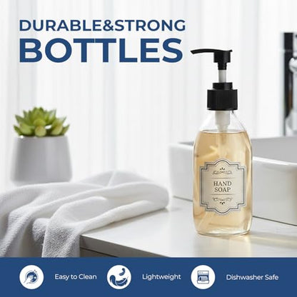 8 oz Clear Glass Pump Bottle, 250ml Small Lotion Dispenser Bottle for Body Massage Oil, Refillable Empty Hand and Dish Soap Dispensers Set with Labels - 3 Pack - color: Clear