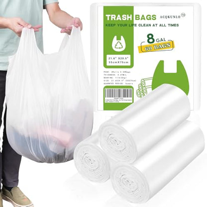 8 Gallon White-Trash-Bags Unscented Tall Kitchen - Large Plastic Garbage Bag With Handles 60Counts Recycling Office Car Medium Waste Basket Can Liner Thick Strong Acqkunlo - color: 8 gal white 60