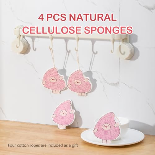 4-Pack AntoKueh Cellulose Compressed Sponges - Cute Cartoon Shapes, Natural Kitchen Sponges for Cleaning, Eco-Friendly&Reusable, Odor-Free