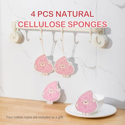 4-Pack AntoKueh Cellulose Compressed Sponges - Cute Cartoon Shapes, Natural Kitchen Sponges for Cleaning, Eco-Friendly&Reusable, Odor-Free
