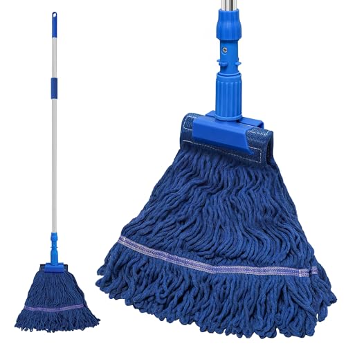 NEWE Commercial Mop for Floor Cleaning, Heavy Duty Industrial Mops with 55 inches Long Handle, Looped-End Wet Dry String Mop for Hardwood Tile Concrete Home Kitchen Office Garage (Blue)