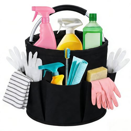 17L Foldable Cleaning Caddy with Handle - Portable Oxford Fabric Storage Bucket, Organiser for Cleaning Supplies, Toiletries, Home, Garden, Picnic & Beach (Black) - color: Black