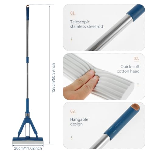 Sponge Mop Absorbent Roller Foam Mop with 50.39inch Extendable Handle and 2 Sponge Heads Self Wringing Mop Adjustable Cleaning Wet Mop for Hardwood Tile Kitchen Bathroom