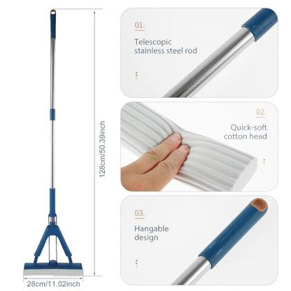 Sponge Mop Absorbent Roller Foam Mop with 50.39inch Extendable Handle and 2 Sponge Heads Self Wringing Mop Adjustable Cleaning Wet Mop for Hardwood Tile Kitchen Bathroom