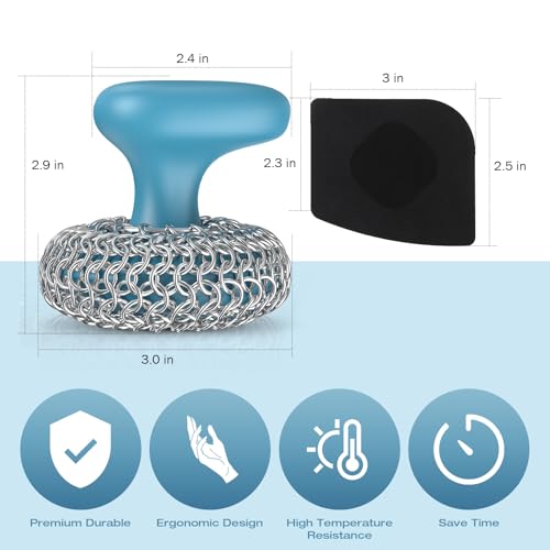 Cast Iron Scrubber | Dish Scrub Brush | 316 Cast Iron Cleaner Chainmail Scrubber for Pan Skillet Cleaner - Blue - color: Blue