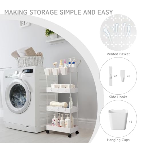 danpinera Storage Cart, 4 Tier Narrow Rolling Storage with Wheels & Dividers, Bathroom Organizer Slim Laundry Cart with Handle Hanging Cups Hooks, White - style: 4 Tier White