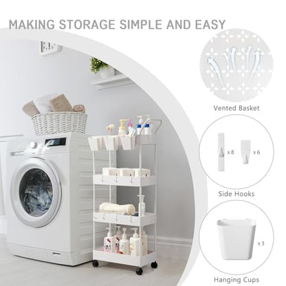 danpinera Storage Cart, 4 Tier Narrow Rolling Storage with Wheels & Dividers, Bathroom Organizer Slim Laundry Cart with Handle Hanging Cups Hooks, White - style: 4 Tier White
