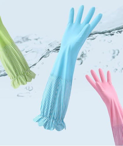 RARITYUS Household Kitchen Cleaning Gloves Waterproof Cotton Lined Dishwashing Non-Slip Long Cuff Gloves - color: B Blue