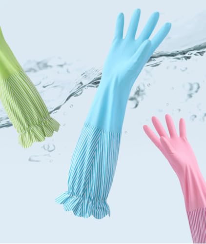 RARITYUS Household Kitchen Cleaning Gloves Waterproof Cotton Lined Dishwashing Non-Slip Long Cuff Gloves - color: B Blue