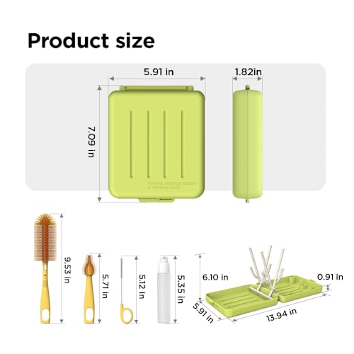 YOTIME Travel Bottle Brush, Travel Bottle Cleaner Kit with Foldable Bottle Drying Rack, for Visit Friends and Relations, Baby Travel Essentials, BPA Free, Green - color: Green