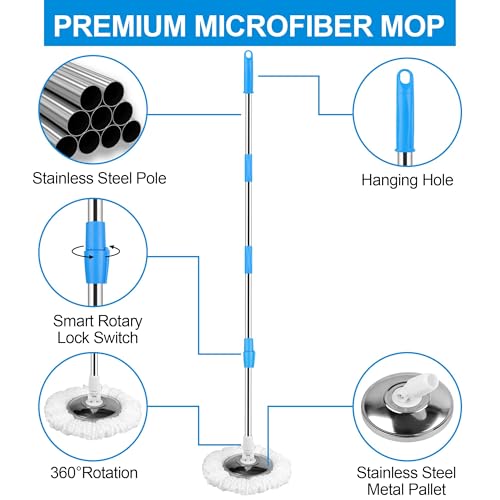 Spin Mop and Bucket with Wringer Set, 3 Washable Microfiber Pads Included for Floor Cleaning, Adjustable Stainless Steel Handle, Easy Moving with Wheels, Blue - color: Blue