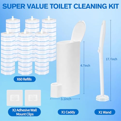 Disposable Toilet Brush Set - Toilet Bowl Wand Refills with Toilet Cleaners, Disposable Brush Heads with 5X Cleaning Power, Includes 60 Refill Heads for Clorox Toilet Brush, Wand & Storage Caddy - size: Starter Kit+60 Refill Heads