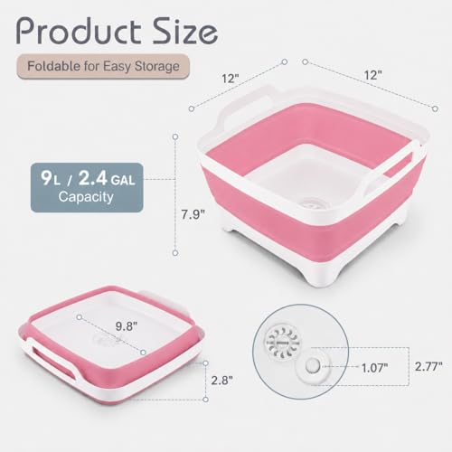 2.4 Gal(9L) Collapsible Dish Basin with Drain Plug, Space Saving Outdoor Multiuse Foldable Sink Tub, Dishpan, Kitchen Storage Tray for Camping, Vegetable Washing, RV (Pink) - color: Pink