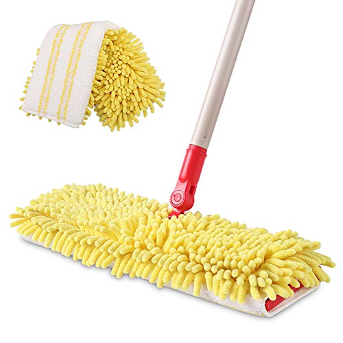 AKOMA Dual Sided Dust Mop, Flip Head Dry and Wet Mops for Floor Cleaning, with 2 Washable Microfiber Pads Mopping for Home Office Bathroom Hardwood Tile Floor,Yellow Cleaner Tools