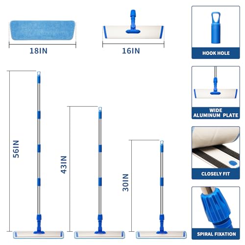 18" Professional Microfiber Mop Floor Cleaning, Flat Mop with Stainless Steel Handle,360-Spin Head with 2 Reusable Washable Pads, Microfiber Wet and Dust Mopping for Hardwood and Tile,Blue