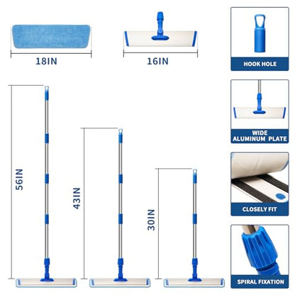 18" Professional Microfiber Mop Floor Cleaning, Flat Mop with Stainless Steel Handle,360-Spin Head with 2 Reusable Washable Pads, Microfiber Wet and Dust Mopping for Hardwood and Tile,Blue