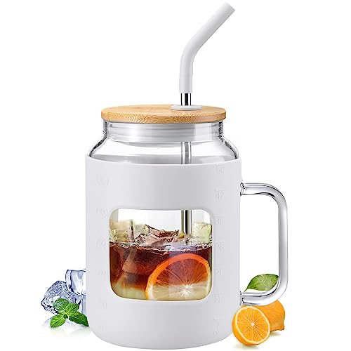 WINSA 50 oz Glass Water Bottles with Silicone Sleeve,Glass Tumbler with Lid and Straw,Iced Coffee Cup with Handle,BPA Free-White - color: White