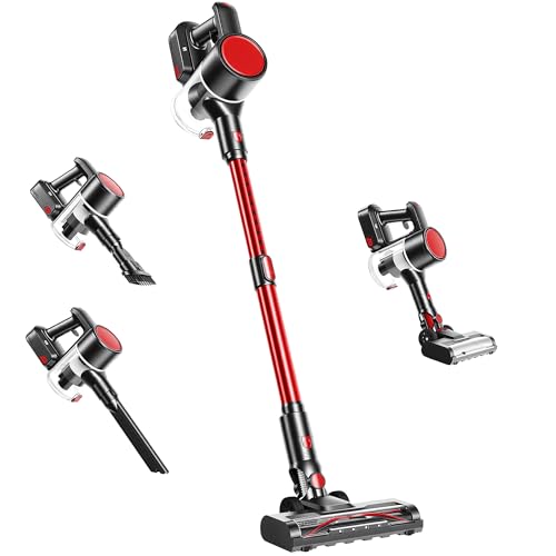 OLIXIS Cordless Vacuum Cleaner with Flexible Steering & Extendable Pole,3 Brush Heads, Lightweight Wireless Rechargeable Upright Vacuum with LED Light & Wall Mount for Hardwood Floors & Carpet - color: New Black Red