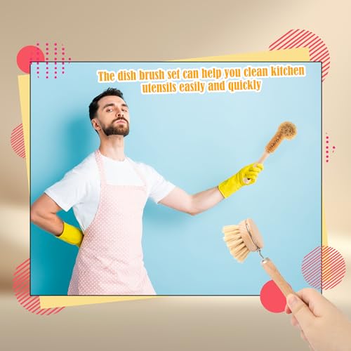 15 Pcs Bamboo Dish Brush Set with 65 Ft Hemp Rope Wooden Palm Pot Brush Sisal Bristles Natural Cup Scrubber Loofah Sponge Draining Tray for Pans, Bottle, Sink Kitchen Cleaning