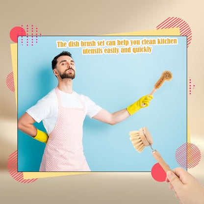 15 Pcs Bamboo Dish Brush Set with 65 Ft Hemp Rope Wooden Palm Pot Brush Sisal Bristles Natural Cup Scrubber Loofah Sponge Draining Tray for Pans, Bottle, Sink Kitchen Cleaning