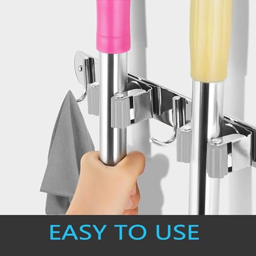 Broom and Mop Holder Wall Mounted, Broom Hanger Storage Rack, Stainless Steel Mop Hanger, Dustpan Holders with 2 Racks and 3 Hooks, Heavy Duty utility hooks for hanging brooms and mops (1Pcs)