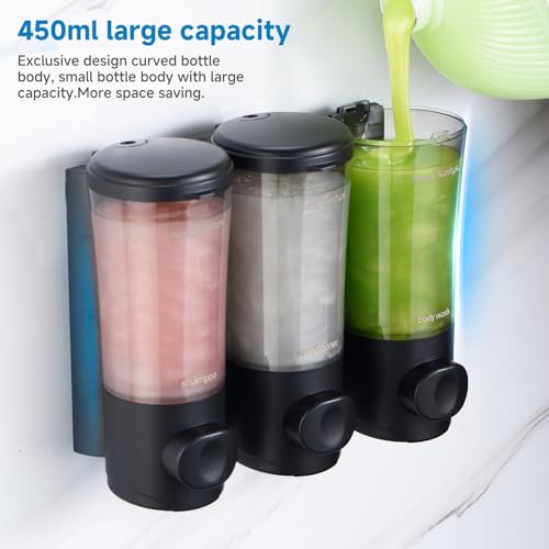 Shampoo and Conditioner Dispenser No Drill Shower Soap Dispenser Wall Mounted Shower Dispenser 3 Chamber with Upgrade Smooth Pump Head Bathroom Body Wash Soap Dispenser Set 450ml*3 Black - color: Black 3 Chamber