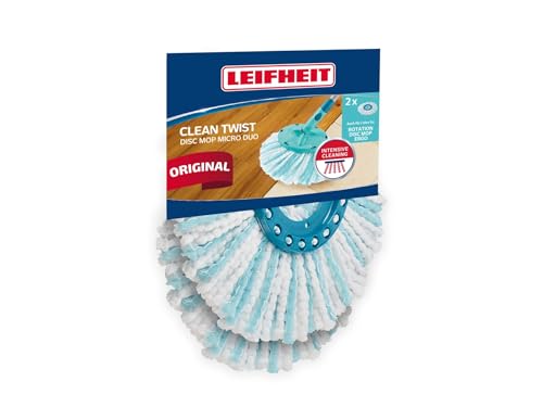 Leifheit Replacement Mop Head Clean Twist Disc Mop x 2 Pack – Dual Fibre System for Deep Cleaning & Maximum Absorption – Compatible with Clean Twist Systems – Set of 2 – White/Turquoise