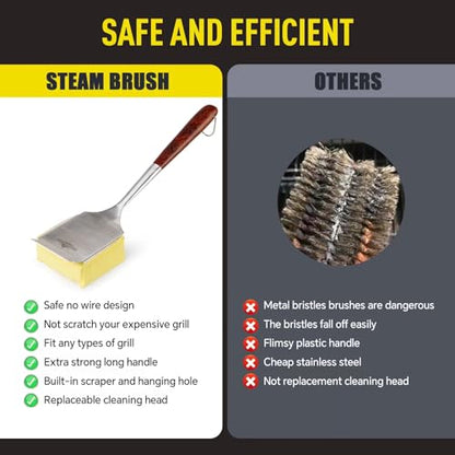 Bristle-Free Steam Cleaning Grill Brush — Features an Extended Luxurious Rosewood Handle and a Unique Wavy pad that Seamlessly fits cast Iron and Stainless Steel grates - color: Aramid Fiber Steam Grill Brush
