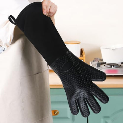 1 Pair Extra Long Professional Oven Mitts, Non-Slip Silicone Grip Heat Resistant,19.7" Length,Up to 572℉ for BBQ Cooking Baking Grilling (Black) - color: Black