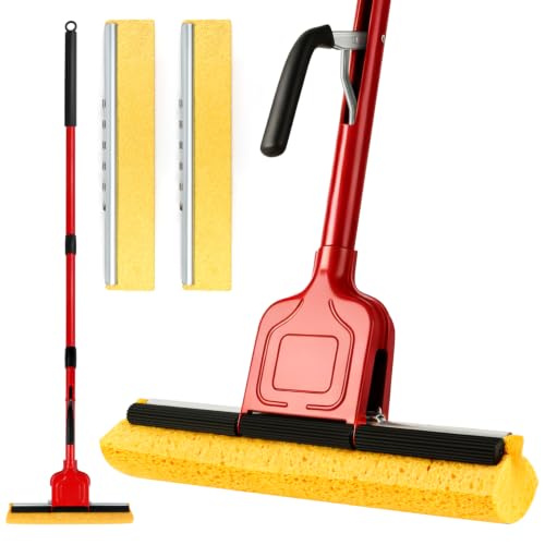 Commercial Sponge Mop for Floor Cleaning with 2 Compressed Cellulose Replacement Heads, Heavy Duty Industrial Mops for Hardwood Tile Laminate Marble, for Office Workshop Warehouse Garage Home Kitchen - size: 1 mop +2 mop heads