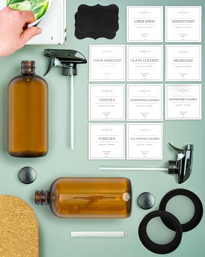 Vine Creations Amber Glass Spray Bottles, 2 Pack Glass Refillable Bottles for Cleaning solutions, 16 oz Spray Bottle for Cleaning, Mister Spray Bottle, Amber Spray Bottles with Waterproof Labels - color: Amber Bottle / Black Nozzle