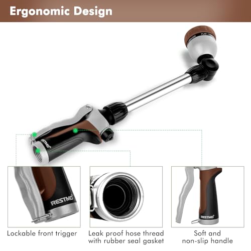 RESTMO Metal Watering Wand, Heavy Duty Garden Hose Wand with 180° Swivel Ratcheting Head, 16'' Hose Nozzle Sprayer with 7 Spray Patterns and Flow Control, for Water Hanging Baskets and Shrubs, Brown - color: Brown