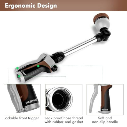 RESTMO Metal Watering Wand, Heavy Duty Garden Hose Wand with 180° Swivel Ratcheting Head, 16'' Hose Nozzle Sprayer with 7 Spray Patterns and Flow Control, for Water Hanging Baskets and Shrubs, Brown - color: Brown