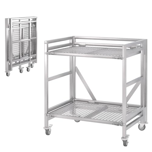 2 Shelf Rolling Cart with Wheels, 660lbs Capacity Collapsible Steel Rolling Utility Cart, Heavy-Duty Foldable Hand Truck, Metal Storage Carts with Handle for Groceries, Warehouse (36" Lx26 W) - color: Net 660lbs Capacity