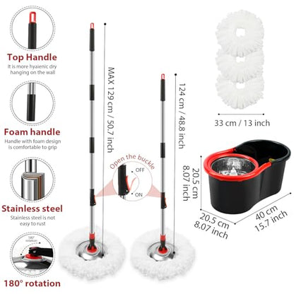 Spin Mop and Bucket with Wringer Set, 360° Spinning Mop Bucket System with 3 Microfiber Mop Replacement Heads and 51" Stainless Steel Adjustable Handle for Floor Cleaning (15QT) - color: Black-4