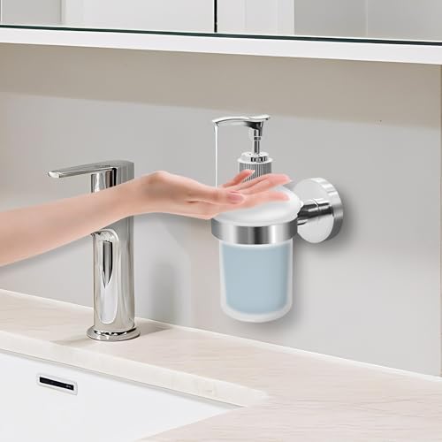 Wall Mount Soap Dispenser with SUS304 Stainless Steel Holder, 6.8 oz (200ml) Frosted Glass Lotion Pump Dispenser for Bathroom and Kitchen, Silver - size: Silver