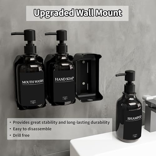 Shampoo and Conditioner Dispenser, Shower Soap Dispenser with 16 Waterproof Labels, Shampoo Dispenser for Shower Wall, Shower Dispenser 3 Chamber No Drill, 17oz, Black - color: Black Bottle + Black Pump