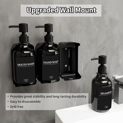 Shampoo and Conditioner Dispenser, Shower Soap Dispenser with 16 Waterproof Labels, Shampoo Dispenser for Shower Wall, Shower Dispenser 3 Chamber No Drill, 17oz, Black - color: Black Bottle + Black Pump