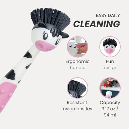 Vigar Soap Dispensing Dish Brush - Moo Cow-Shaped, Dish Brush with Handle and Soap Dispenser, Dish Scrub Brush for Dishes, Pot Scrubber, Sink Scrubber, Kitchen Brush, Kitchen Essentials - White, Black - color: Moo Cow