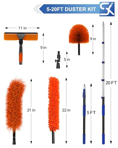 26 Foot High Reach Duster Kit with 5-20 ft Telescoping Extension Pole, High Ceiling Duster, Cobweb Duster, Window Squeegee, Feather Duster, Outdoor & Indoor Extendable Duster Cleaning Kit