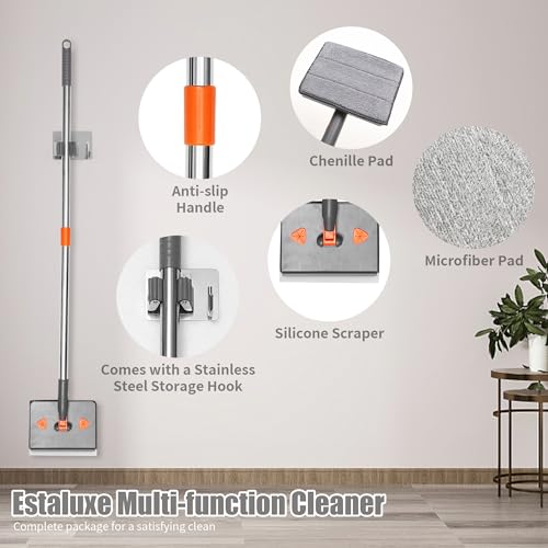 85” Baseboard Cleaner Tool with Handle and Hooks, 180° Rotating Wall Cleaner with Convex Design, Wall Mop with 6 Reusable Pads to Clean Wall, Window, Floor and Ceiling with Extension Poles - size: Rectangular