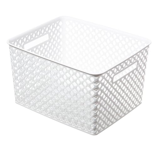 Large White Decorative Plastic Storage Basket - Heavy-Duty, Stackable, Dustproof with Handles for Living Room, Closet & Home Organization