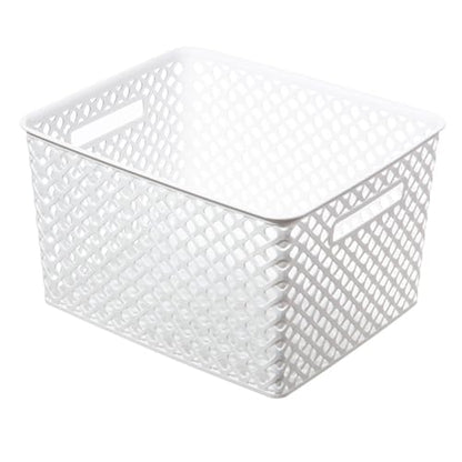 Large White Decorative Plastic Storage Basket - Heavy-Duty, Stackable, Dustproof with Handles for Living Room, Closet & Home Organization