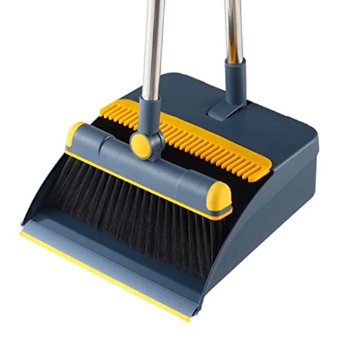 Broom and Dustpan Set for Home, Long Handle Dust Pan and Broom Combo for Indoor Outdoor Heavy Duty Dustpan Set for Kitchen Lobby Office Upright Standing Dustpan with Teeth (Blue) - color: Blue