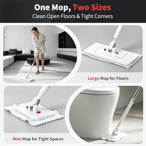 2-in-1 Dual Size Hands Free Flat Mop, Snap Grip Mini & Large Mop Compatible with Swiffer Pads, 15 Dry Pads and Reusable Cloths, Lazy Mops for Hardwood, Tile, Walls & Tight Spaces Cleaning