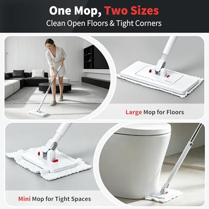2-in-1 Dual Size Hands Free Flat Mop, Snap Grip Mini & Large Mop Compatible with Swiffer Pads, 15 Dry Pads and Reusable Cloths, Lazy Mops for Hardwood, Tile, Walls & Tight Spaces Cleaning